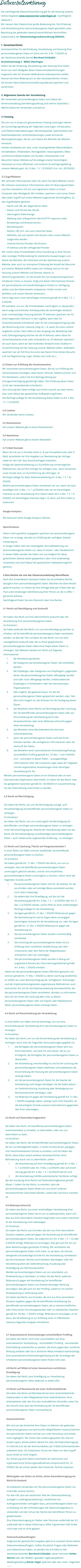 Datenschutzerklärung  Die nachfolgende Datenschutzerklärung gilt für die Nutzung unseres Online-Angebots www.maennerchor-ueberlingen.de  (nachfolgend „Website“). Wir messen dem Datenschutz große Bedeutung bei. Die Erhebung und Verarbeitung Ihrer personenbezogenen Daten geschieht unter Beachtung der geltenden datenschutzrechtlichen Vorschriften, insbesondere der Datenschutzgrundverordnung (DSGVO).  1. Verantwortlicher Verantwortlicher für die Erhebung, Verarbeitung und Nutzung Ihrer personenbezogenen Daten im Sinne von Art. 4 Nr. 7 DSGVO ist der Vereinsvorsitzende derzeit Bernhard Schäuble - Kuchelmannweg 2 - 88662 Überlingen Sofern Sie der Erhebung, Verarbeitung oder Nutzung Ihrer Daten durch uns nach Maßgabe dieser Datenschutzbestimmungen insgesamt oder für einzelne Maßnahmen widersprechen wollen, können Sie Ihren Widerspruch an den Verantwortlichen richten. Sie können diese Datenschutzerklärung jederzeit speichern und ausdrucken.  2. Allgemeine Zwecke der Verarbeitung Wir verwenden personenbezogene Daten zum Zweck der Vereinsverwaltung [wie Beitragszahlung und interne Statistiken ] Welche Daten wir verwenden und warum 	3.1	Hosting Die von uns in Anspruch genommenen Hosting-Leistungen dienen der Zurverfügungstellung der folgenden Leistungen: Infrastruktur- und Plattformdienstleistungen, Rechenkapazität, Speicherplatz und Datenbankdienste, Sicherheitsleistungen sowie technische Wartungsleistungen, die wir zum Zweck des Betriebs der Website einsetzen. Hierbei verarbeiten wir, bzw. unser Hostinganbieter Bestandsdaten, Kontaktdaten, Inhaltsdaten, Vertragsdaten, Nutzungsdaten, Meta- und Kommunikationsdaten von Kunden, Interessenten und Besuchern dieser Website auf Grundlage unserer berechtigten Interessen an einer effizienten und sicheren Zurverfügungstellung unserer Website gem. Art. 6 Abs. 1 S. 1 f) DSGVO i.V.m. Art. 28 DSGVO.  3.2 Zugriffsdaten Wir sammeln Informationen über Sie, wenn Sie diese Website nutzen. Wir erfassen automatisch Informationen über Ihr Nutzungsverhalten und Ihre Interaktion mit uns und registrieren Daten zu Ihrem Computer oder Mobilgerät. Wir erheben, speichern und nutzen Daten über jeden Zugriff auf unsere Website (sogenannte Serverlogfiles). Zu den Zugriffsdaten gehören: -	Name und URL der abgerufenen Datei -	Datum und Uhrzeit des Abrufs -	übertragene Datenmenge -	Meldung über erfolgreichen Abruf (HTTP response code) -	Browsertyp und Browserversion -	Betriebssystem -	Referer URL (d.h. die zuvor besuchte Seite) -	Websites, die vom System des Nutzers über unsere Website aufgerufen werden -	Internet-Service-Provider des Nutzers -	IP-Adresse und der anfragende Provider Wir nutzen diese Protokolldaten ohne Zuordnung zu Ihrer Person oder sonstiger Profilerstellung für statistische Auswertungen zum Zweck des Betriebs, der Sicherheit und der Optimierung unserer Website, aber auch zur anonymen Erfassung der Anzahl der Besucher auf unserer Website (traffic) sowie zum Umfang und zur Art der Nutzung unserer Website und Dienste, ebenso zu Abrechnungszwecken, um die Anzahl der von Kooperationspartnern erhaltenen Clicks zu messen. Aufgrund dieser Informationen können wir personalisierte und standortbezogene Inhalte zur Verfügung stellen und den Datenverkehr analysieren, Fehler suchen und beheben und unsere Dienste verbessern. Hierin liegt auch unser berechtigtes Interesse gemäß Art 6 Abs. 1 S. 1 f) DSGVO. Wir behalten uns vor, die Protokolldaten nachträglich zu überprüfen, wenn aufgrund konkreter Anhaltspunkte der berechtigte Verdacht einer rechtswidrigen Nutzung besteht. IP-Adressen speichern wir für einen begrenzten Zeitraum in den Logfiles, wenn dies für Sicherheitszwecke erforderlich oder für die Leistungserbringung oder die Abrechnung einer Leistung nötig ist, z. B. wenn Sie eines unserer Angebote nutzen. Nach Abbruch des Vorgangs der Bestellung oder nach Zahlungseingang löschen wir die IP-Adresse, wenn diese für Sicherheitszwecke nicht mehr erforderlich ist. IP-Adressen speichern wir auch dann, wenn wir den konkreten Verdacht einer Straftat im Zusammenhang mit der Nutzung unserer Website haben. Außerdem speichern wir als Teil Ihres Accounts das Datum Ihres letzten Besuchs (z.B. bei Registrierung, Login, Klicken von Links etc.).  3.3 Daten zur Erfüllung des Vereinszweckes Wir verarbeiten personenbezogene Daten, die wir zur Erfüllung des Vereinszweckes benötigen, etwa Name, Adresse, Telefonnummer und Ihre Bankdaten, sofern Sie Ihre Beitragszahlung per Einzugsermächtigung genehmigt haben. Die Erhebung dieser Daten ist für den Vereinsbetrieb erforderlich.  Die Löschung der Daten erfolgt nach Ihrem Austritt aus dem Verein, bzw. nach Ablauf der gesetzlichen Aufbewahrungsfristen.  Die Rechtsgrundlage für die Verarbeitung dieser Daten ist Art. 6 Abs. 1 S. 1 b) DSGVO.   3.4 Cookies Wir verwenden keine Cookies.  3.5 Nutzerkonto Auf unserer Website gibt es keine Nutzerkonten.  3.6 Newsletter Auf unserer Website gibt es keinen Newsletter.  3.7 E-Mail Kontakt Wenn Sie mit uns in Kontakt treten (z. B. per Kontaktformular oder E-Mail), verarbeiten wir Ihre Angaben zur Bearbeitung der Anfrage sowie für den Fall, dass Anschlussfragen entstehen.  Erfolgt die Datenverarbeitung zur Durchführung vorvertraglicher Maßnahmen, die auf Ihre Anfrage hin erfolgen, bzw., wenn Sie bereits unser Kunde sind, zur Durchführung des Vertrages, ist Rechtsgrundlage für diese Datenverarbeitung Art. 6 Abs. 1 S. 1 b) DSGVO. Weitere personenbezogene Daten verarbeiten wir nur, wenn Sie dazu einwilligen (Art. 6 Abs. 1 S. 1 a) DSGVO) oder wir ein berechtigtes Interesse an der Verarbeitung Ihrer Daten haben (Art. 6 Abs. 1 S. 1 f) DSGVO). Ein berechtigtes Interesse liegt z. B. darin, auf Ihre E-Mail zu antworten. Google Analytics Wir benutzen keine Google Analytics Dienste.  Speicherdauer Sofern nicht spezifisch angegeben speichern wir personenbezogene Daten nur so lange, wie dies zur Erfüllung der verfolgten Zwecke notwendig ist. In einigen Fällen sieht der Gesetzgeber die Aufbewahrung von personenbezogenen Daten vor, etwa im Steuer- oder Handelsrecht. In diesen Fällen werden die Daten von uns lediglich für diese gesetzlichen Zwecke weiter gespeichert, aber nicht anderweitig verarbeitet und nach Ablauf der gesetzlichen Aufbewahrungsfrist gelöscht.    4 Ihre Rechte als von der Datenverarbeitung Betroffener Nach den anwendbaren Gesetzen haben Sie verschiedene Rechte bezüglich Ihrer personenbezogenen Daten. Möchten Sie diese Rechte geltend machen, so richten Sie Ihre Anfrage bitte per E-Mail oder per Post unter eindeutiger Identifizierung Ihrer Person an die in Ziffer 1 genannte Adresse. Nachfolgend finden Sie eine Übersicht über Ihre Rechte.  4.1 Recht auf Bestätigung und Auskunft  Sie haben das Recht auf eine übersichtliche Auskunft über die Verarbeitung Ihrer personenbezogenen Daten. Im Einzelnen:  Sie haben jederzeit das Recht, von uns eine Bestätigung darüber zu erhalten, ob Sie betreffende personenbezogene Daten verarbeitet werden. Ist dies der Fall, so haben Sie das Recht, von uns eine unentgeltliche Auskunft über die zu Ihnen gespeicherten personenbezogenen Daten nebst einer Kopie dieser Daten zu verlangen. Des Weiteren besteht ein Recht auf folgende Informationen:  	1.	die Verarbeitungszwecke; 	2.	die Kategorien personenbezogener Daten, die verarbeitet werden; 	3.	die Empfänger oder Kategorien von Empfängern, gegenüber denen die personenbezogenen Daten offengelegt worden sind oder noch offengelegt werden, insbesondere bei Empfängern in Drittländern oder bei internationalen Organisationen; 	4.	falls möglich, die geplante Dauer, für die die personenbezogenen Daten gespeichert werden, oder, falls dies nicht möglich ist, die Kriterien für die Festlegung dieser Dauer; 	5.	das Bestehen eines Rechts auf Berichtigung oder Löschung der Sie betreffenden personenbezogenen Daten oder auf Einschränkung der Verarbeitung durch den Verantwortlichen oder eines Widerspruchsrechts gegen diese Verarbeitung; 	6.	das Bestehen eines Beschwerderechts bei einer Aufsichtsbehörde; 	7.	wenn die personenbezogenen Daten nicht bei Ihnen erhoben werden, alle verfügbaren Informationen über die Herkunft der Daten; 	8.	das Bestehen einer automatisierten Entscheidungsfindung einschließlich Profiling gemäß Art. 22 Abs. 1 und 4 DSGVO und – zumindest in diesen Fällen – aussagekräftige Informationen über die involvierte Logik sowie die Tragweite und die angestrebten Auswirkungen einer derartigen Verarbeitung für Sie. Werden personenbezogene Daten an ein Drittland oder an eine internationale Organisation übermittelt, so haben Sie das Recht, über die geeigneten Garantien gemäß Art. 46 DSGVO im Zusammenhang mit der Übermittlung unterrichtet zu werden.  4.2 Recht auf Berichtigung  Sie haben das Recht, von uns die Berichtigung und ggf. auch Vervollständigung Sie betreffender personenbezogener Daten zu verlangen. Im Einzelnen: Sie haben das Recht, von uns unverzüglich die Berichtigung Sie betreffender unrichtiger personenbezogener Daten zu verlangen. Unter Berücksichtigung der Zwecke der Verarbeitung haben Sie das Recht, die Vervollständigung unvollständiger personenbezogener Daten – auch mittels einer ergänzenden Erklärung – zu verlangen.  4.3 Recht auf Löschung ("Recht auf Vergessenwerden") In einer Reihe von Fällen sind wir verpflichtet, Sie betreffende personenbezogene Daten zu löschen.  Im Einzelnen: Sie haben gemäß Art. 17 Abs. 1 DSGVO das Recht, von uns zu verlangen, dass Sie betreffende personenbezogene Daten unverzüglich gelöscht werden, und wir sind verpflichtet, personenbezogene Daten unverzüglich zu löschen, sofern einer der folgenden Gründe zutrifft: 	1.	Die personenbezogenen Daten sind für die Zwecke, für die sie erhoben oder auf sonstige Weise verarbeitet wurden, nicht mehr notwendig. 	2.	Sie widerrufen Ihre Einwilligung, auf die sich die Verarbeitung gemäß Art. 6 Abs. 1 S. 1  a) DSGVO oder Art. 9 Abs. 2 a) DSGVO stützte, und es fehlt an einer anderweitigen Rechtsgrundlage für die Verarbeitung. 	3.	Sie legen gemäß Art. 21 Abs. 1 DSGVO Widerspruch gegen die Verarbeitung ein und es liegen keine vorrangigen berechtigten Gründe für die Verarbeitung vor, oder Sie legen gemäß Art. 21 Abs. 2 DSGVO Widerspruch gegen die Verarbeitung ein. 	4.	Die personenbezogenen Daten wurden unrechtmäßig verarbeitet. 	5.	Die Löschung der personenbezogenen Daten ist zur Erfüllung einer rechtlichen Verpflichtung nach dem Unionsrecht oder dem Recht der Mitgliedstaaten erforderlich, dem wir unterliegen. 	6.	Die personenbezogenen Daten wurden in Bezug auf angebotene Dienste der Informationsgesellschaft gemäß Art. 8 Abs. 1 DSGVO erhoben. Haben wir die personenbezogenen Daten öffentlich gemacht und sind wir gemäß Art. 17 Abs. 1 DSGVO zu deren Löschung verpflichtet, so treffen wir unter Berücksichtigung der verfügbaren Technologie und der Implementierungskosten angemessene Maßnahmen, auch technischer Art, um für die Datenverarbeitung Verantwortliche, die die personenbezogenen Daten verarbeiten, darüber zu informieren, dass Sie von ihnen die Löschung aller Links zu diesen personenbezogenen Daten oder von Kopien oder Replikationen dieser personenbezogenen Daten verlangt haben.  4.4 Recht auf Einschränkung der Verarbeitung  In einer Reihe von Fällen sind Sie berechtigt, von uns eine Einschränkung der Verarbeitung Ihrer personenbezogenen Daten zu verlangen.  Im Einzelnen:  Sie haben das Recht, von uns die Einschränkung der Verarbeitung zu verlangen, wenn eine der folgenden Voraussetzungen gegeben ist: 	1.	die Richtigkeit der personenbezogenen Daten wird von Ihnen bestritten, und zwar für eine Dauer, die es uns ermöglicht, die Richtigkeit der personenbezogenen Daten zu überprüfen, 	2.	die Verarbeitung unrechtmäßig ist und Sie die Löschung der personenbezogenen Daten ablehnten und stattdessen die Einschränkung der Nutzung der personenbezogenen Daten verlangt haben; 	3.	wir die personenbezogenen Daten für die Zwecke der Verarbeitung nicht länger benötigen, Sie die Daten jedoch zur Geltendmachung, Ausübung oder Verteidigung von Rechtsansprüchen benötigen, oder 	4.	Sie Widerspruch gegen die Verarbeitung gemäß Art. 21 Abs. 1 DSGVO eingelegt haben, solange noch nicht feststeht, ob die berechtigten Gründe unseres Unternehmens gegenüber den Ihren überwiegen. 4.5 Recht auf Datenübertragbarkeit  Sie haben das Recht, Sie betreffende personenbezogene Daten maschinenlesbar zu erhalten, zu übermitteln, oder von uns übermitteln zu lasen. Im Einzelnen:  Sie haben das Recht, die Sie betreffenden personenbezogenen Daten, die Sie uns bereitgestellt haben, in einem strukturierten, gängigen und maschinenlesbaren Format zu erhalten, und Sie haben das Recht, diese Daten einem anderen Verantwortlichen ohne Behinderung durch uns zu übermitteln, sofern 	1.	die Verarbeitung auf einer Einwilligung gemäß Art. 6 Abs. 1 S. 1 a) DSGVO oder Art. 9 Abs. 2 a) DSGVO oder auf einem Vertrag gemäß Art. 6 Abs. 1 S. 1 b) DSGVO beruht und 	2.	die Verarbeitung mithilfe automatisierter Verfahren erfolgt. Bei der Ausübung Ihres Rechts auf Datenübertragbarkeit gemäß Absatz 1 haben Sie das Recht, zu erwirken, dass die personenbezogenen Daten direkt von uns einem anderen Verantwortlichen übermittelt werden, soweit dies technisch machbar ist.  4.6 Widerspruchsrecht Sie haben das Recht, aus einer rechtmäßigen Verarbeitung Ihrer personenbezogenen Daten durch uns zu widersprechen, wenn sich dies aus Ihrer besonderen Situation begründet und unsere Interessen an der Verarbeitung nicht überwiegen.  Im Einzelnen:  Sie haben das Recht, aus Gründen, die sich aus Ihrer besonderen Situation ergeben, jederzeit gegen die Verarbeitung Sie betreffender personenbezogener Daten, die aufgrund von Art. 6 Abs. 1 S. 1 e) oder f) DSGVO erfolgt, Widerspruch einzulegen; dies gilt auch für ein auf diese Bestimmungen gestütztes Profiling. Wir verarbeiten die personenbezogenen Daten nicht mehr, es sei denn, wir können zwingende schutzwürdige Gründe für die Verarbeitung nachweisen, die Ihre Interessen, Rechte und Freiheiten überwiegen, oder die Verarbeitung dient der Geltendmachung, Ausübung oder Verteidigung von Rechtsansprüchen. Werden personenbezogene Daten von uns verarbeitet, um Direktwerbung zu betreiben, so haben Sie das Recht, jederzeit Widerspruch gegen die Verarbeitung Sie betreffender personenbezogener Daten zum Zwecke derartiger Werbung einzulegen; dies gilt auch für das Profiling, soweit es mit solcher Direktwerbung in Verbindung steht. Sie haben das Recht, aus Gründen, die sich aus Ihrer besonderen Situation ergeben, gegen die Sie betreffende Verarbeitung Sie betreffender personenbezogener Daten, die zu wissenschaftlichen oder historischen Forschungszwecken oder zu statistischen Zwecken gemäß Art. 89 Abs. 1 DSGVO erfolgt, Widerspruch einzulegen, es sei denn, die Verarbeitung ist zur Erfüllung einer im öffentlichen Interesse liegenden Aufgabe erforderlich.   4.7 Automatisierte Entscheidungen einschließlich Profiling Sie haben das Recht, nicht einer ausschließlich auf einer automatisierten Verarbeitung – einschließlich Profiling – beruhenden Entscheidung unterworfen zu werden, die Ihnen gegenüber rechtliche Wirkung entfaltet oder Sie in ähnlicher Weise erheblich beeinträchtigt. Eine automatisierte Entscheidungsfindung auf der Grundlage der erhobenen personenbezogenen Daten findet nicht statt.  4.8 Recht auf Widerruf einer datenschutz-rechtlichen Einwilligung Sie haben das Recht, eine Einwilligung zur Verarbeitung personenbezogener Daten jederzeit zu widerrufen.  4.9 Recht auf Beschwerde bei einer Aufsichtsbehörde Sie haben das Recht auf Beschwerde bei einer Aufsichtsbehörde, insbesondere in dem Mitgliedstaat Ihres Aufenthaltsorts, Ihres Arbeitsplatzes oder des Orts des mutmaßlichen Verstoßes, wenn Sie der Ansicht sind, dass die Verarbeitung der Sie betreffenden personenbezogenen Daten rechtswidrig ist. Datensicherheit Wir sind um die Sicherheit Ihrer Daten im Rahmen der geltenden Datenschutzgesetze und technischen Möglichkeiten maximal bemüht.  Ihre persönlichen Daten sind bei uns unter Verschluss und dritten nicht zugänglich. Wir nutzen das Codierungssystem SSL (Secure Socket Layer), weisen jedoch darauf hin, dass die Datenübertragung im Internet (z.B. bei der Kommunikation per E-Mail) Sicherheitslücken aufweisen kann. Ein lückenloser Schutz der Daten vor dem Zugriff durch Dritte ist nicht möglich. Zur Sicherung Ihrer Daten unterhalten wir technische und organisatorische Sicherungsmaßnahmen entsprechend Art. 32 DSGVO, die wir immer wieder dem Stand der Technik anpassen.  Weitergabe von Daten an Dritte, keine Datenübertragung ins Nicht-EU-Ausland Grundsätzlich verwenden wir Ihre personenbezogenen Daten nur innerhalb unseres Vereins. Für den Fall, dass wir bestimmte Teile der Datenverarbeitung auslagern („Auftragsverarbeitung“), verpflichten wir Auftragsverarbeiter vertraglich dazu, personenbezogene Daten nur im Einklang mit den Anforderungen der Datenschutzgesetze zu verwenden und den Schutz der Rechte der betroffenen Person zu gewährleisten. Eine Datenübertragung an Stellen oder Personen außerhalb der EU außerhalb des in dieser Erklärung in Ziffer 4 genannten Falls findet nicht statt und ist nicht geplant.    Datenschutzbeauftragter Aufgrund der gesetzlichen Vorgaben gibt es in unserem Verein keinen Datenschutzbeauftragten. Sollten Sie jedoch Fragen oder Bedenken zum Datenschutz haben, so wenden Sie sich bitte an den Vereinsvorsitzenden Bernhard Schäuble, seinen Vertreter Stefan Martin oder den Medien- gestalter vogel-perspektive-Mediengestaltung Rainer Vogel: jederzeit über den unten  folgenden Link